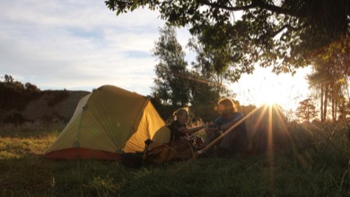 Camping as the sun sets